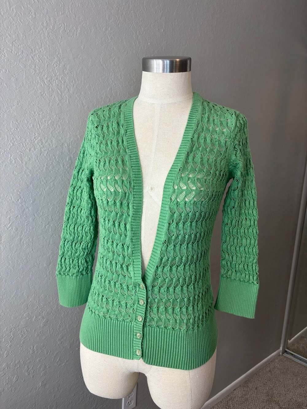 Jones New York Sport Green Crochet Knit Button-Down Cardigan